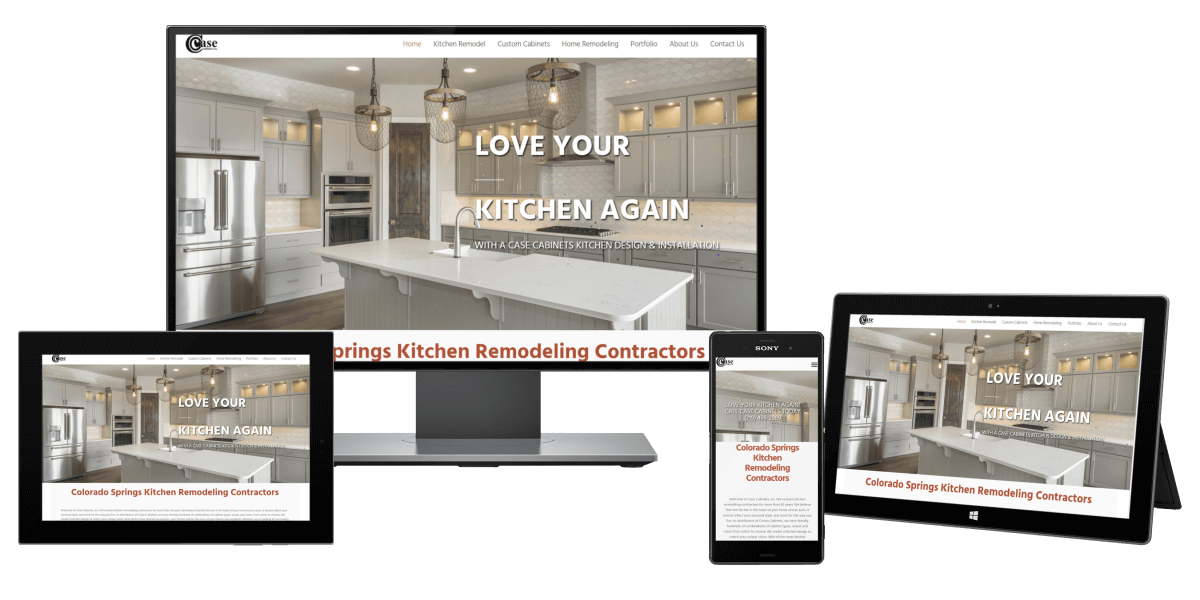 Kitchen Remodeler Company website displayed on desktop monitor, phone, tablet