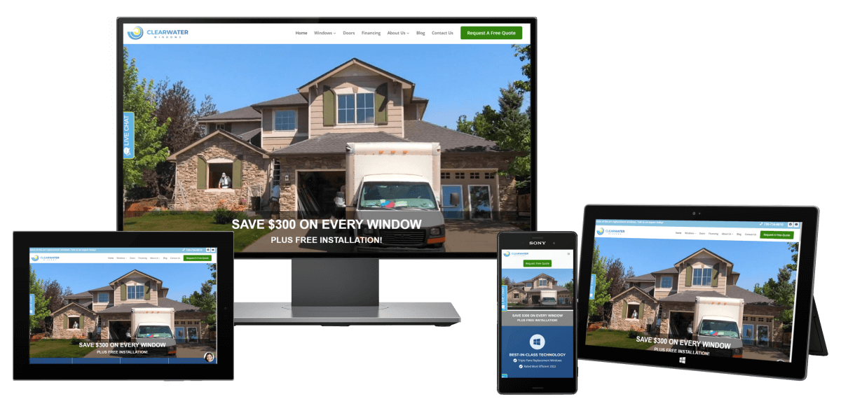 Replacement Window Company website displayed on desktop monitor, phone, tablet
