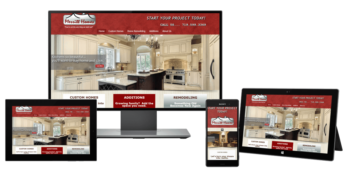 Merritt Homes Website showcasing picture of luxury kitchen with white cabinets